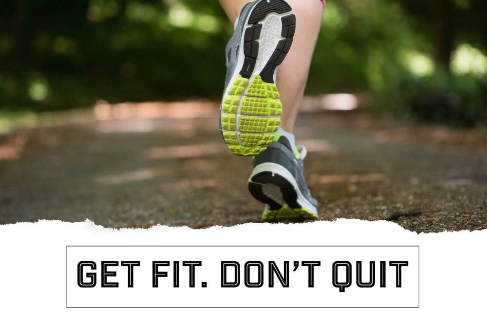 Get fit don't quit, woman with sports shoe on how to start your fitness journey