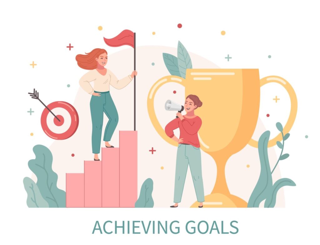 Woman climbing ladder for winning cup in sports performance, how to set goals for the new year