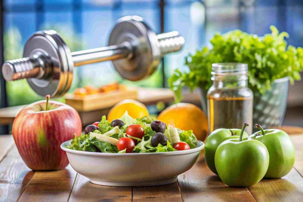bowl of salad fruits vegetables and dumbbell, holistic health and wellness blog
