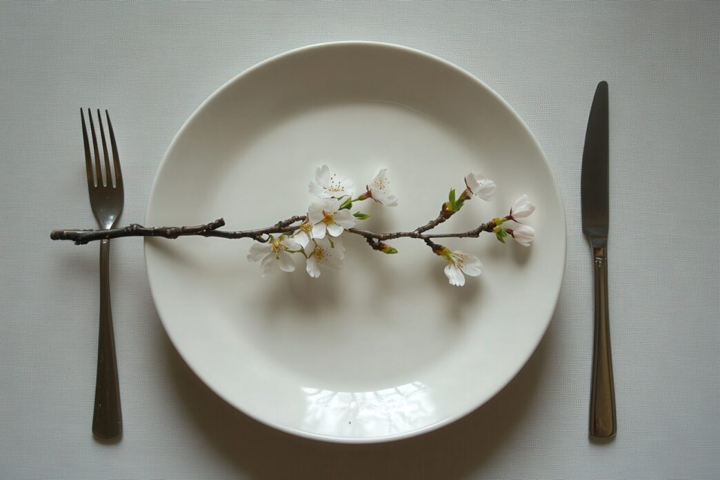 5:2 fasting, intermittent fasting health benefits, types, A minimalist spring table setting with a white plate, silver cut
