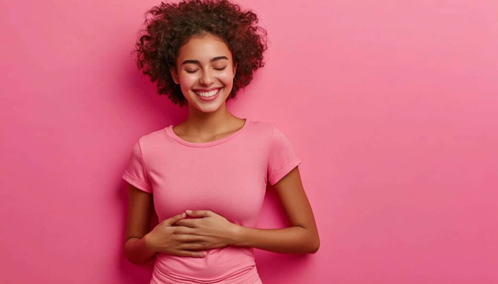 Woman smiling and hands on stomach, Women and gut health, 40 50
