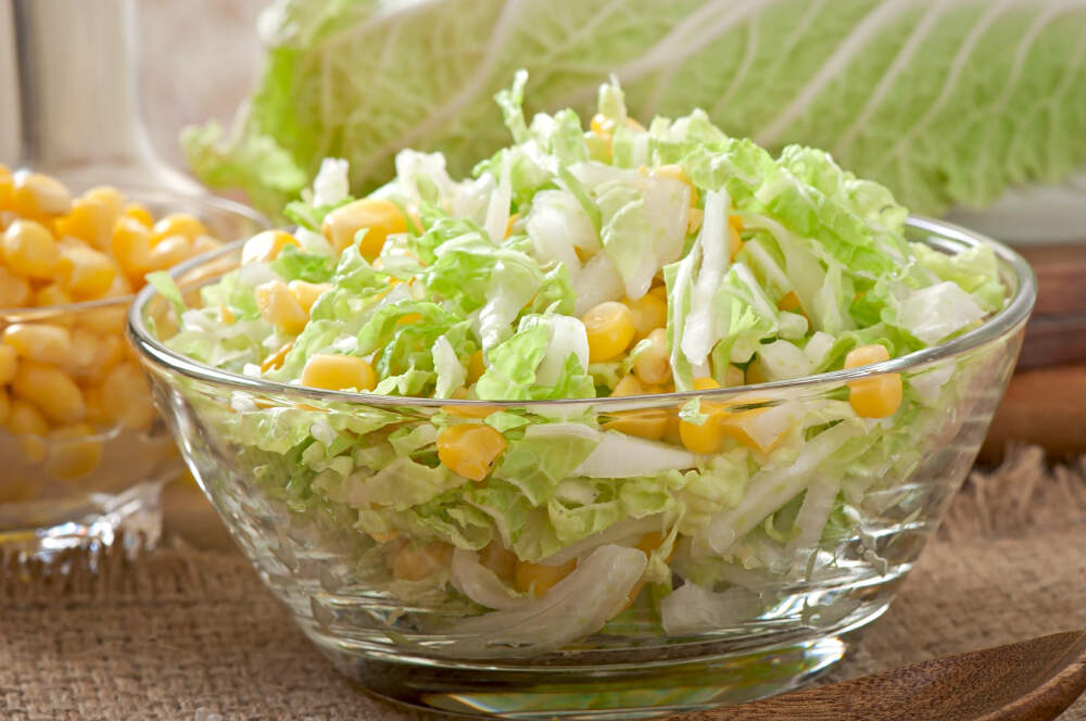 butterhead lettuce with corn in a bowl, butter lettuce bowl, Bibb lettuce, Boston lettuce