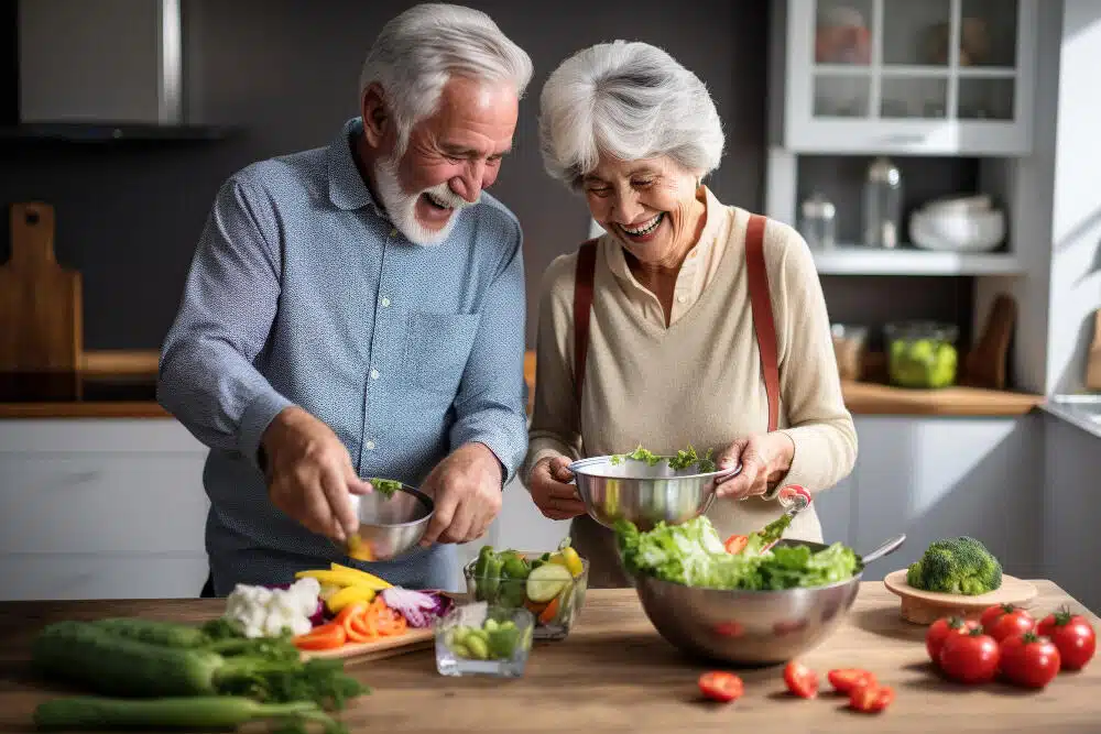 geriatric nutrition, old man and woman preparing healthy nutritious meal