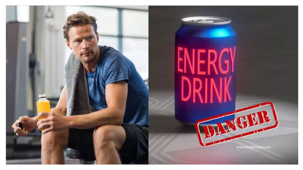 Man sitting in gym with energy drink showing danger in side effects of energy drinks blog