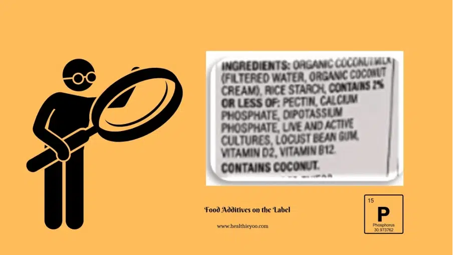 Label of Hidden phosphorus and CKD, cartoon exploring with magnifying glass the phosphate additives in label