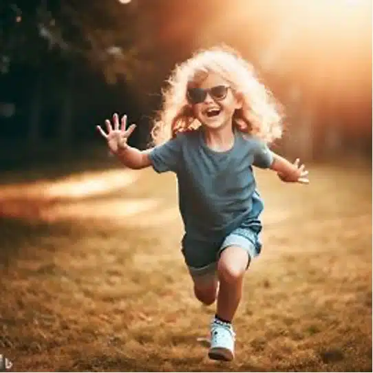 Child running in summer wearing sunglasses during safety awareness month