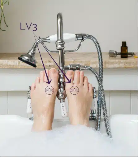 Aroma point therapy, woman feet immersed in bath tub, essential oils