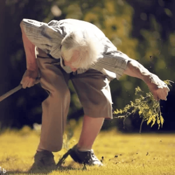 old man falling holding stick and leaves, safety awareness month