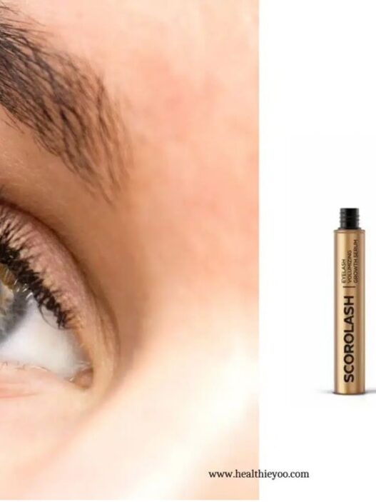 Woman face with Scorolash reviews of eyelash growth serum