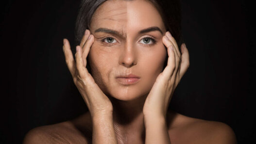 woman showing aged and clean face side, tretinoin vs retinol
