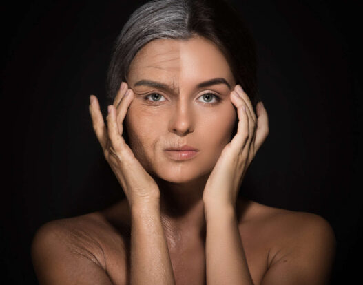 woman showing aged and clean face side, tretinoin vs retinol