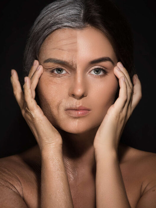 woman showing aged and clean face side, tretinoin vs retinol