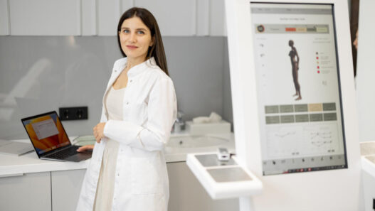 dentist with laptop and digital signage