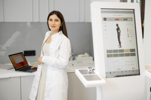 dentist with laptop and digital signage