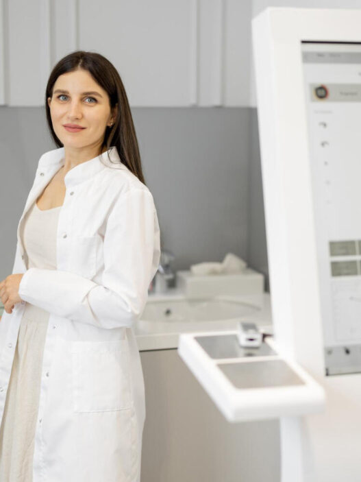 dentist with laptop and digital signage