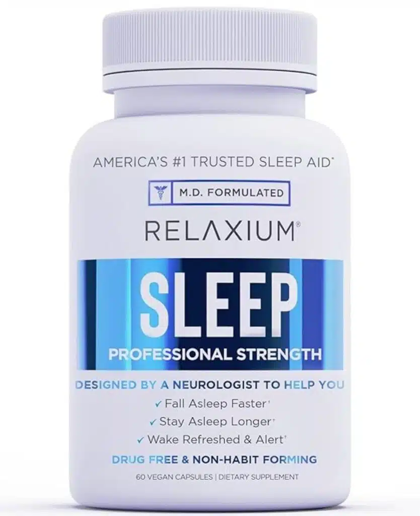 Relaxium sleep bottle mentioning relaxium sleep ingredients, uses, relaxium sleep reviews