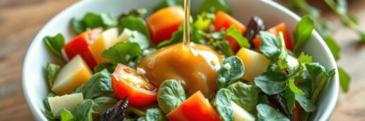 Fresh garden salad prepared with ripe tomatoes, leafy greens, and a drizzle of dressing served in a white bowl