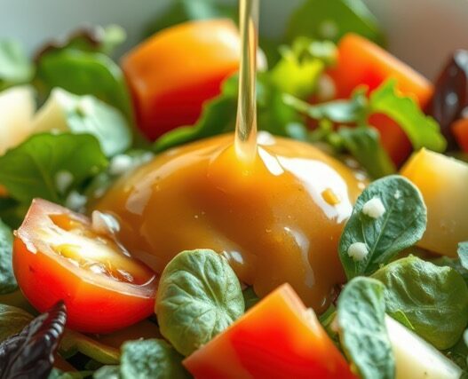 Fresh garden salad prepared with ripe tomatoes, leafy greens, and a drizzle of dressing served in a white bowl
