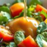 Fresh garden salad prepared with ripe tomatoes, leafy greens, and a drizzle of dressing served in a white bowl