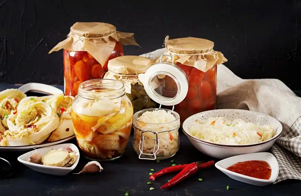 Psychobiotic foods and fermented foods such as yogurt, sauerkraut, kefir, miso, kimchi, and pickled vegetables.