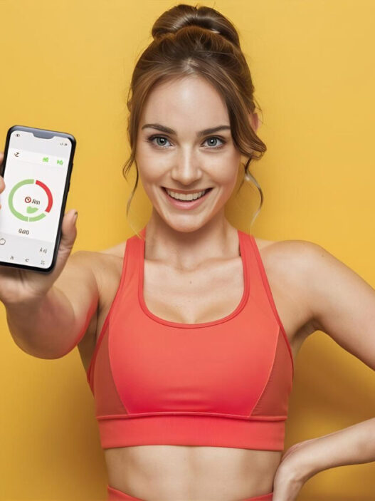 woman showing fitness and workout apps in mobile