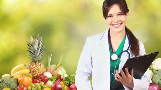Female doctor with fruits, MD degree