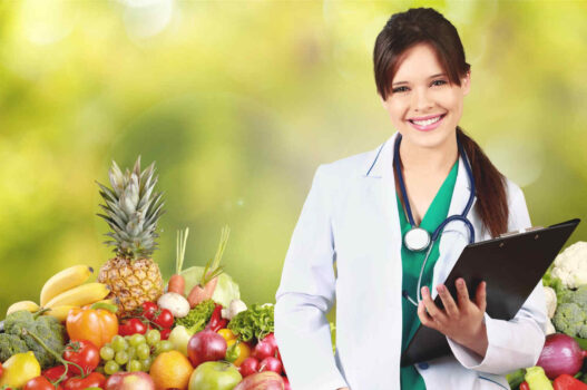 Female doctor with fruits, MD degree