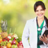 Female doctor with fruits, MD degree