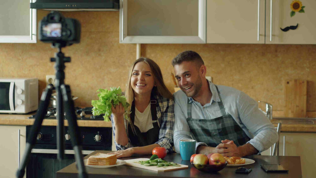 Man Woman holding vegetables, TV platforms, nutritional content