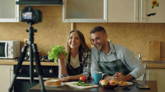 Man Woman holding vegetables, TV platforms, nutritional content