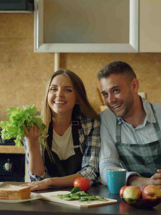 Man Woman holding vegetables, TV platforms, nutritional content