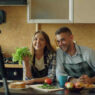Man Woman holding vegetables, TV platforms, nutritional content
