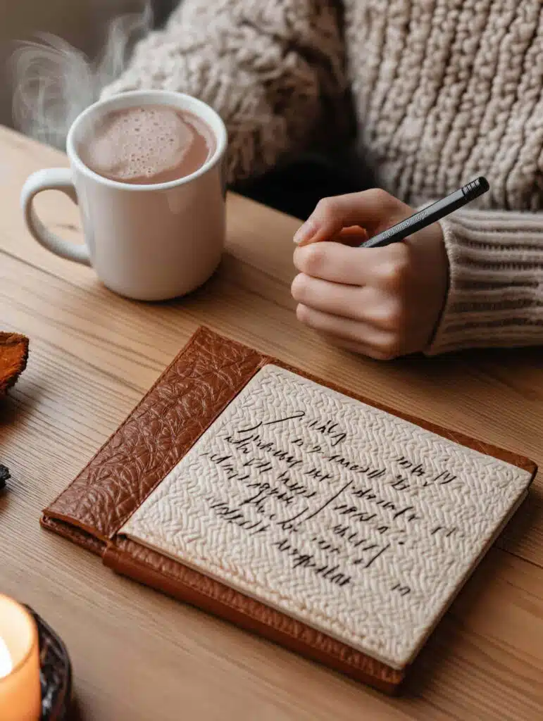 Female writing with pen and coffee mug on table, Authors of Healthieyoo holistic health and wellness blogs