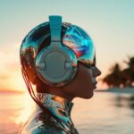 Woman wearing headphone and robot like mask, real dangers of AI