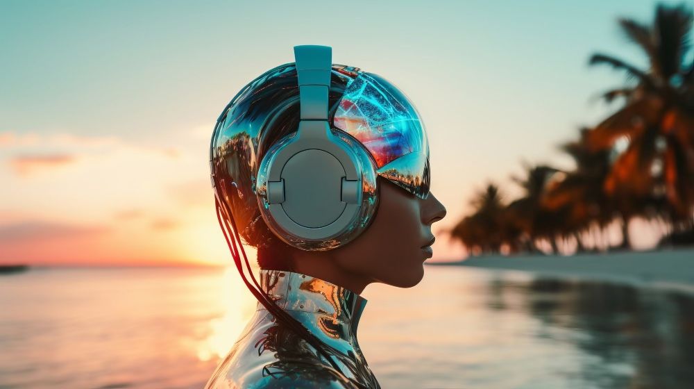 Woman wearing headphone and robot like mask, real dangers of AI