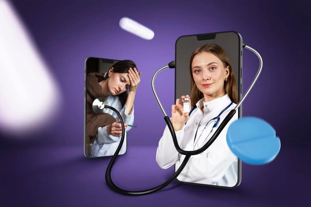 woman with stethoscope inside mobile, woman patient on another mobile, Telehealth, healthier lifestyle