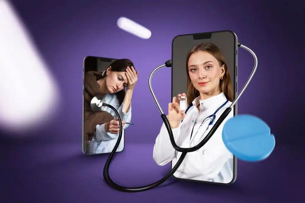 woman with stethoscope inside mobile, woman patient on another mobile, Telehealth, healthier lifestyle